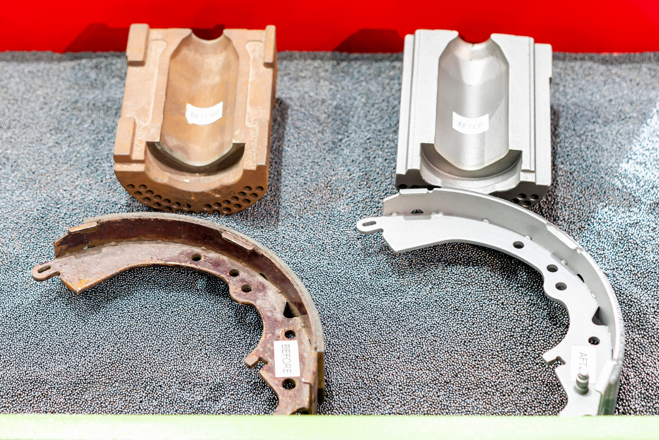 Tool or equipment metal parts show before and after cleaning rust remove by shot blasting process put it on steel ball in box